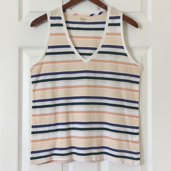 Madewell Whisper Classic Cotton Striped Sleeveless V-neck Tank Top Ivory Medium - Picture 1 of 11